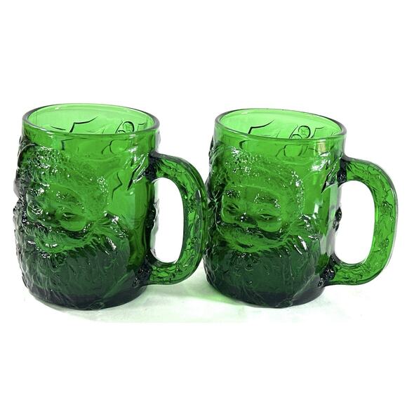 Vintage Emerald Green Santa Face Glass Mugs Set of 2 Christmas 4” - Picture 3 of 9